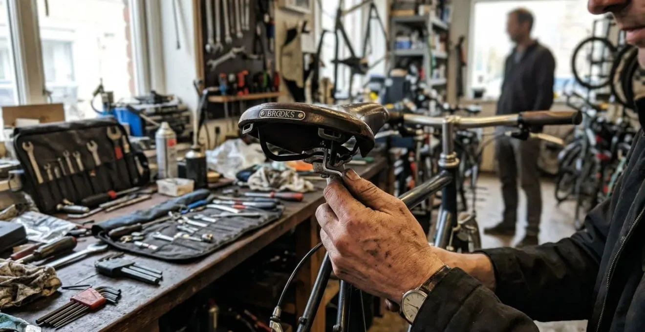 Mains d'un technicien ajustant la selle d'un vélo électrique dans un atelier, outils visibles sur l'établi
