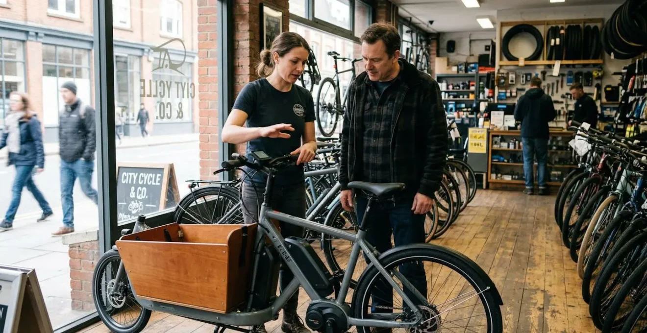 Un conseiller en boutique montre les caractéristiques d'un vélo électrique à un client, ambiance lumineuse naturelle