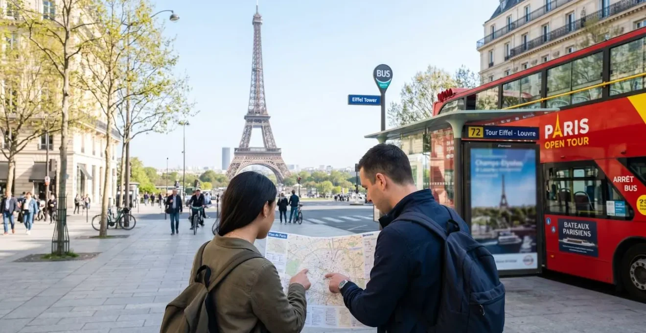 Un couple vu de dos consulte un plan de Paris près d'un arrêt de bus touristique à double étage, avec la Tour Eiffel floue en arrière-plan