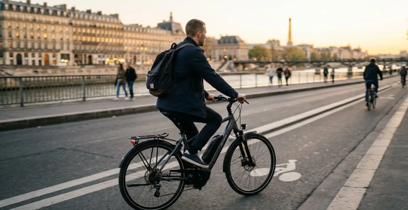 Un cycliste vu de dos roule sur une piste cyclable parisienne en fin de journée, vélo électrique visible de profil
