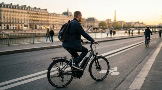 Un cycliste vu de dos roule sur une piste cyclable parisienne en fin de journée, vélo électrique visible de profil