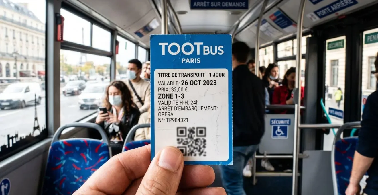 Gros plan sur une main tenant un billet Tootbus avec un code QR légèrement flouté, avec un arrière-plan flouté montrant l'intérieur moderne d'un bus