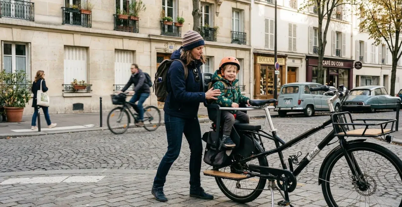 Un parent installe son enfant sur le porte-bagages arrière d'un vélo longtail dans une rue parisienne, scène matinale