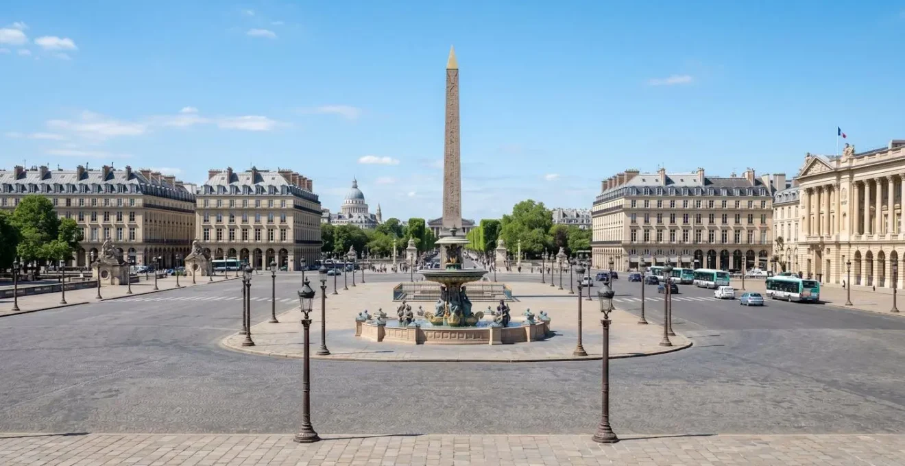 Vue large de la Place de la Concorde avec son obélisque, l'architecture haussmannienne environnante et un ciel bleu lumineux, sans présence humaine au premier plan