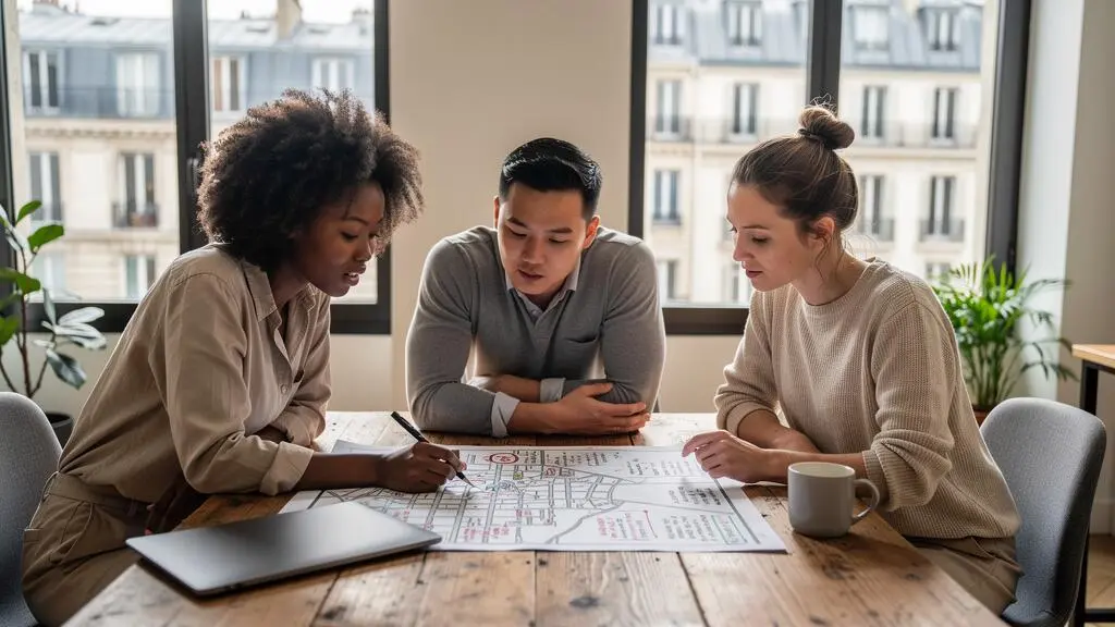 Équipe d'entreprise planifiant un événement de team building dans un bureau parisien.