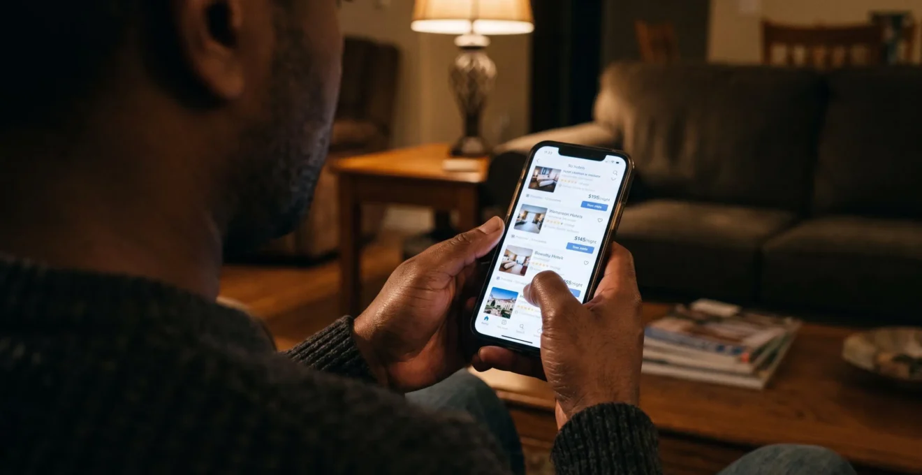 Des mains tenant un smartphone pour comparer des offres d'hôtels en soirée.