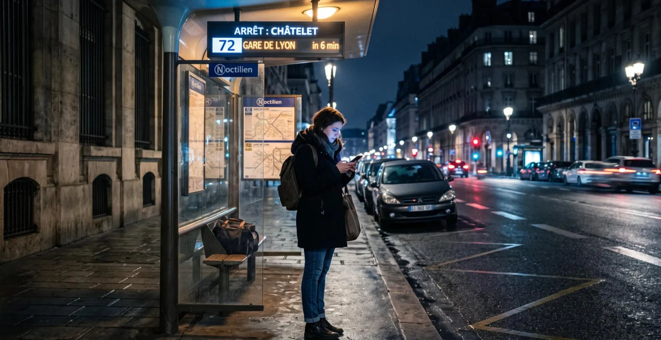Une personne consulte son téléphone à un arrêt de bus désert la nuit en ville.