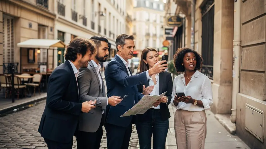 Groupe d'entreprises participant à une activité de team building dans une rue de Paris.