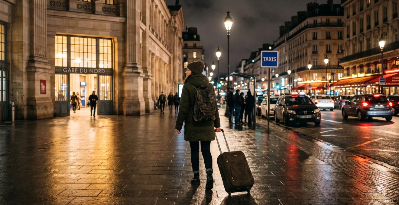 Un voyageur avec une valise sort de la gare la nuit, éclairé par les lampadaires.