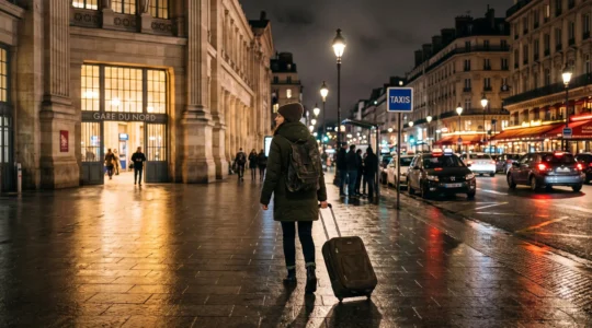 Un voyageur avec une valise sort de la gare la nuit, éclairé par les lampadaires.